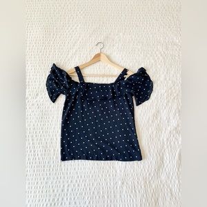 J. Crew Womens Navy Blue & White Polka Dot Ruffle Off The Shoulder Blouse Size 0